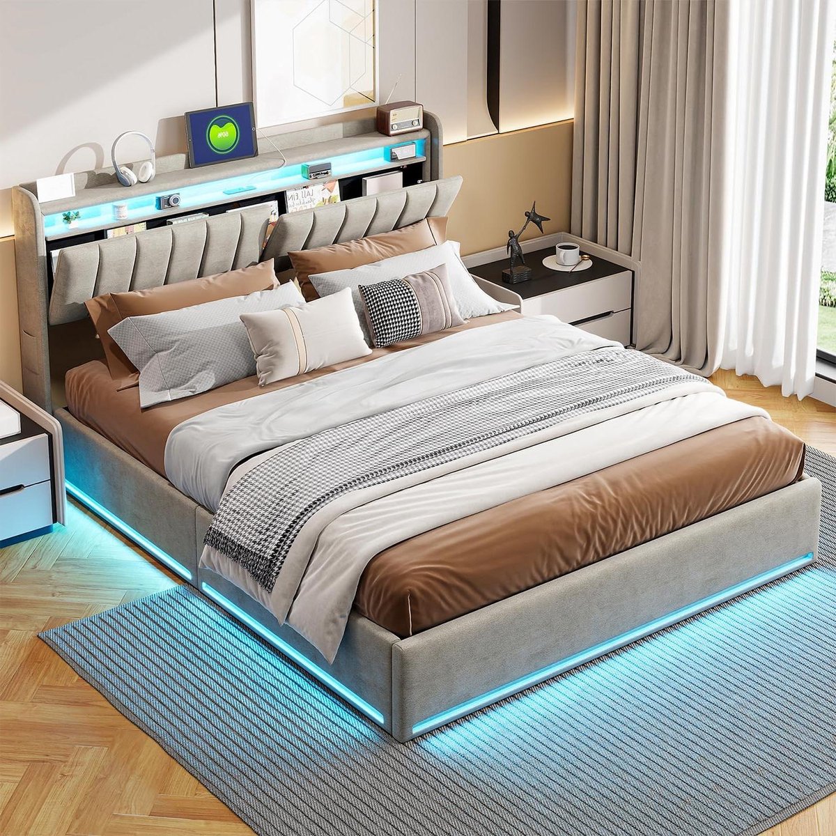 Gestoffeerd tweepersoonsbed 160x200 cm met opbergruimte en LED