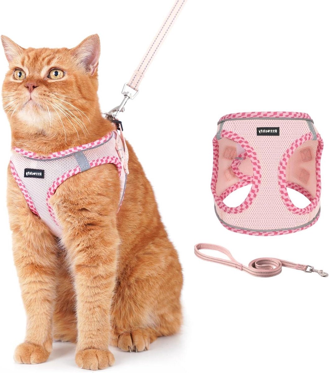 Kattenharnas en riem - Huisdier tuigje - Veilig wandelen - Ontsnappingsbestendig ontwerp - Borstomvang 44-50 cm - Roze