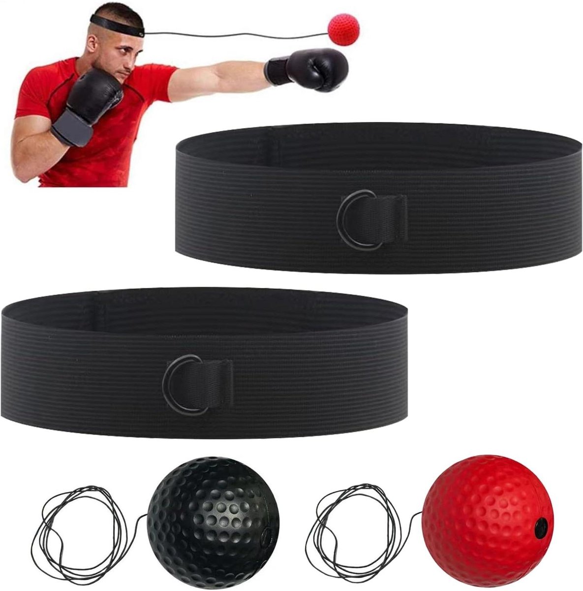 Boksbal set - Reactiebal hoofdband - Verbeteren coördinatie - Veilig zacht materiaal - 2 hoofdbanden 2 ballen - Zwart rood