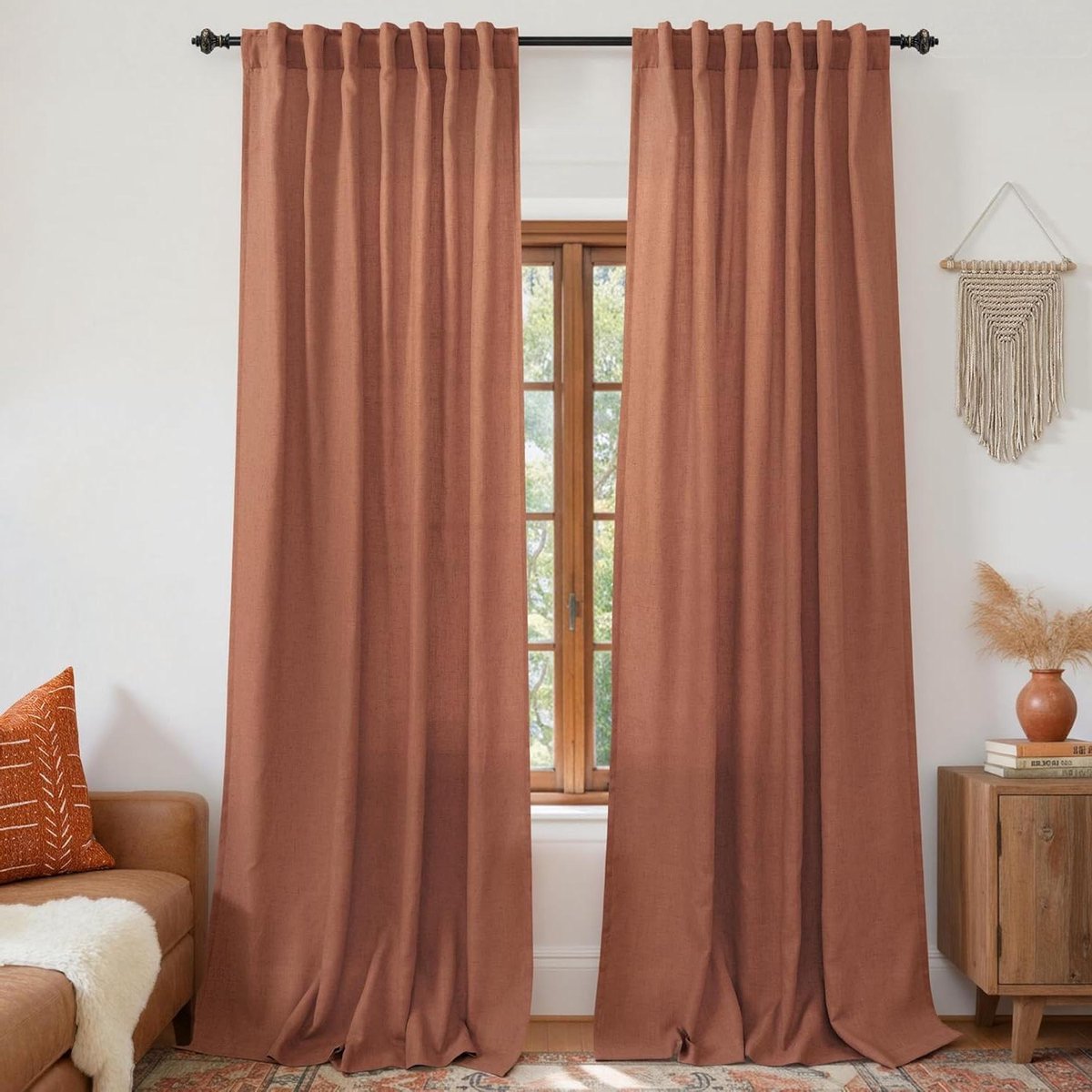 Linnen Gordijnen - Boheemse Decoratie - Woonkamer Aankleden - Gedeeltelijk Transparant - 2 stuks 274 cm - Terracotta