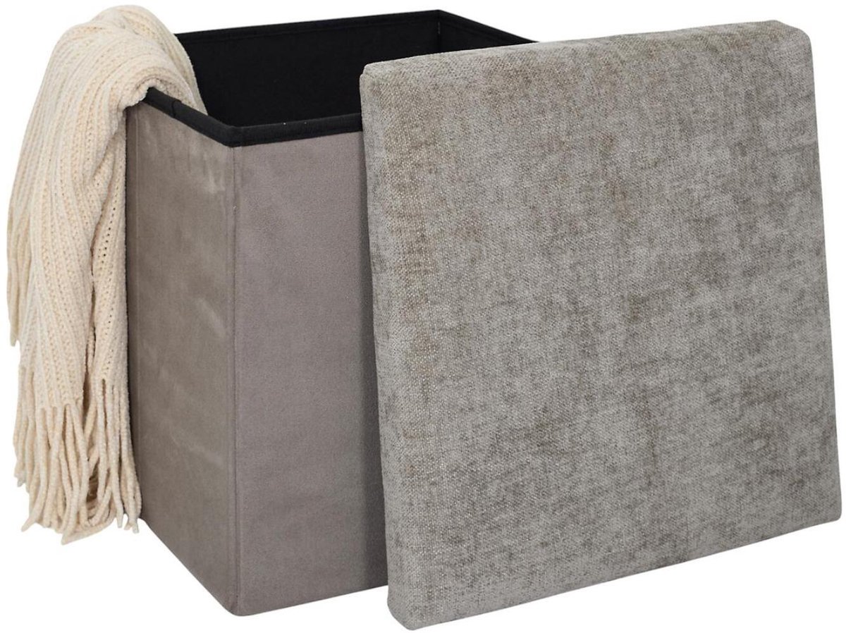 HOME DECO FACTORY Home deco Poef/hocker Emilia - taupe - opvouwbaar - 38 x 38 cm - polyester/mdf - opbergbox