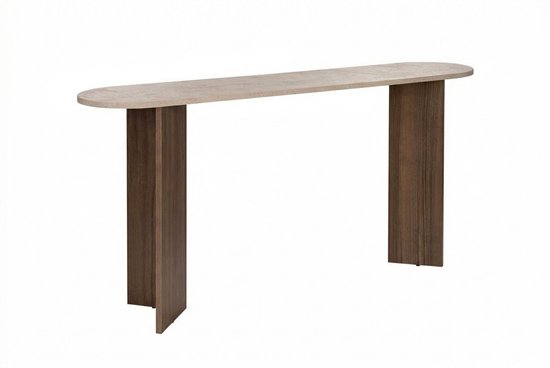 Ovaal dressoir met lichtgekleurd, getextureerd blad en twee rechthoekige walnoothouten poten, vrijstaand.