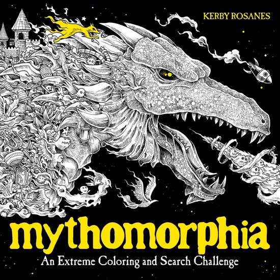 Boekomslag van Mythomorphia met een gedetailleerde draak en de tekst 'mythomorphia An Extreme Coloring and Search Challenge'