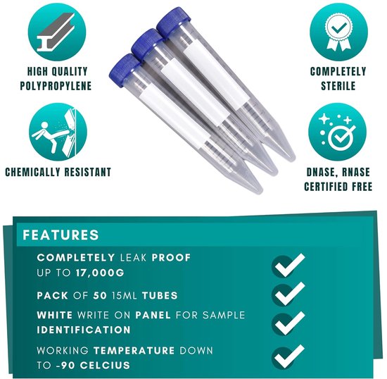 Centrifugebuisjes - Laboratorium Flessen - Monster Opslag - Steriel en Lekvrij - 15ml Pack van 50 - Transparant — afbeelding 5
