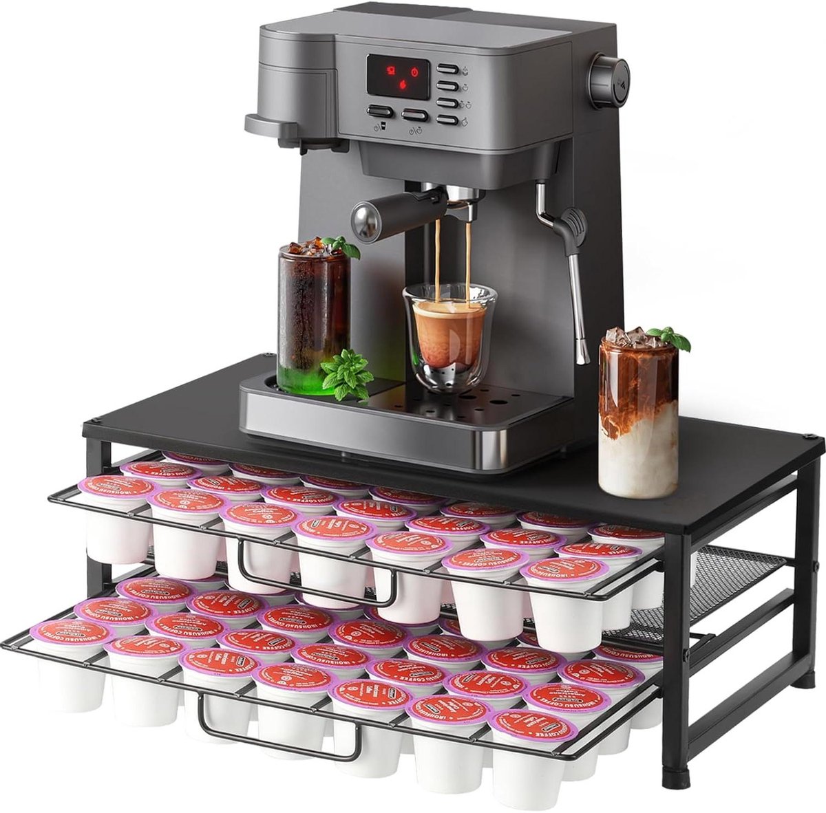 Koffiepadhouder - Koffie Station - Keuken Organiseren - Twee Schuifladen - 70 Cups - Mat Zwart
