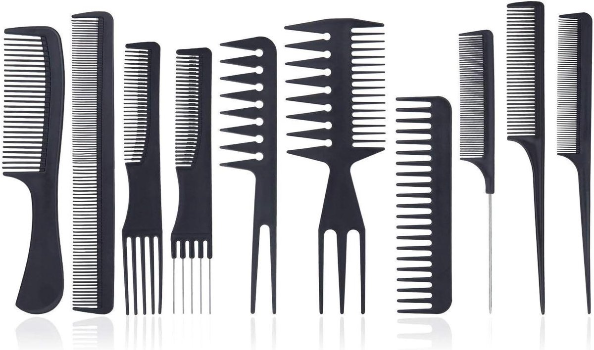 Professionele Kammen Set - Kappers Haar - Haar Stylen - Hittebestendig Materiaal - 10 Delig - Zwart