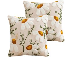 HOSTECCO Bloemenkussen Covers 18x18 inch Set van 2 Borduurwerk Daisy Kussenslopen Vintage Boerderij Decoratieve Kussenslopen voor Bank Woonkamer