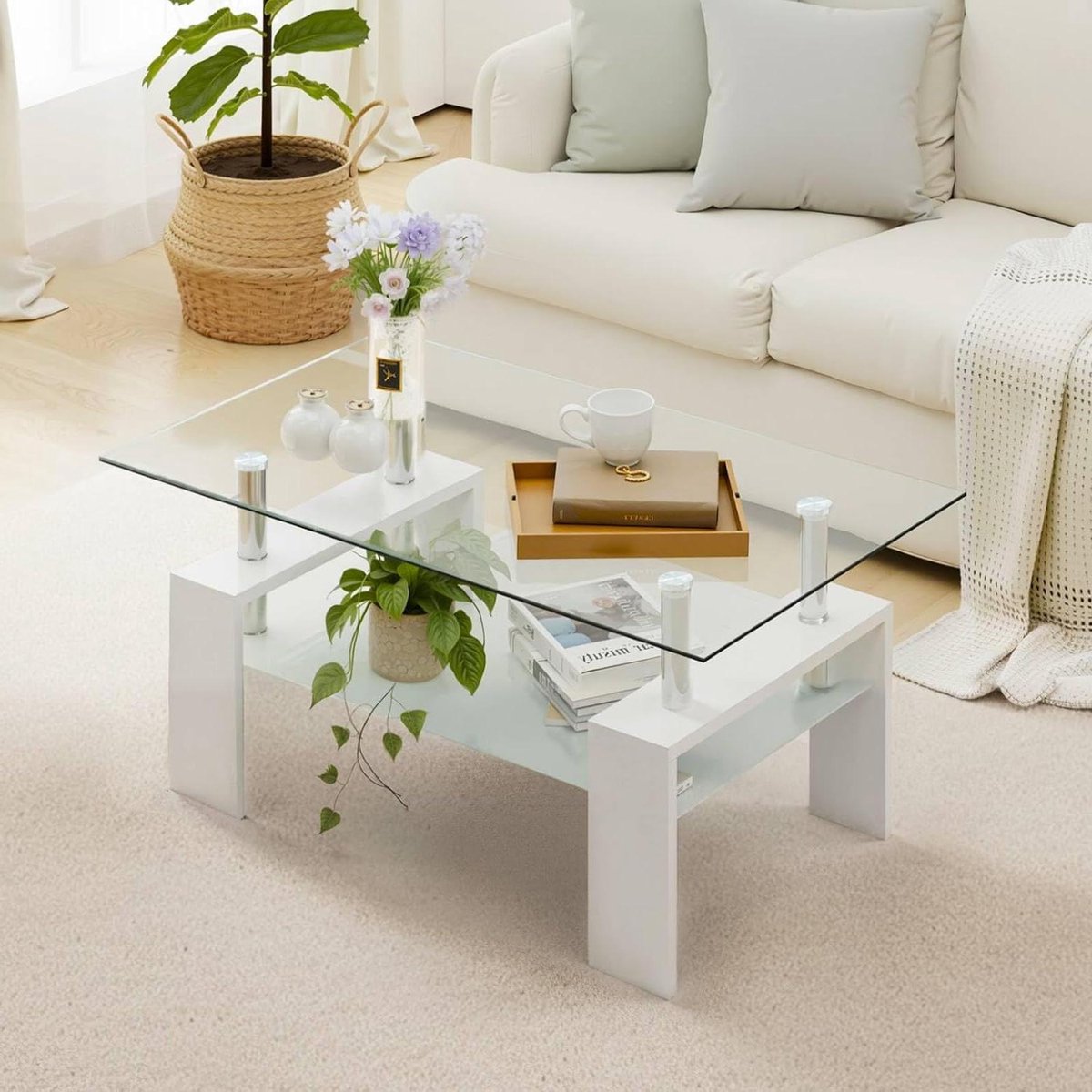 Salontafel Rechthoek - Bijzettafel - Woonkamer Meubel - Gehard Glas Opbergplanken - 100x60x44.5cm - Wit