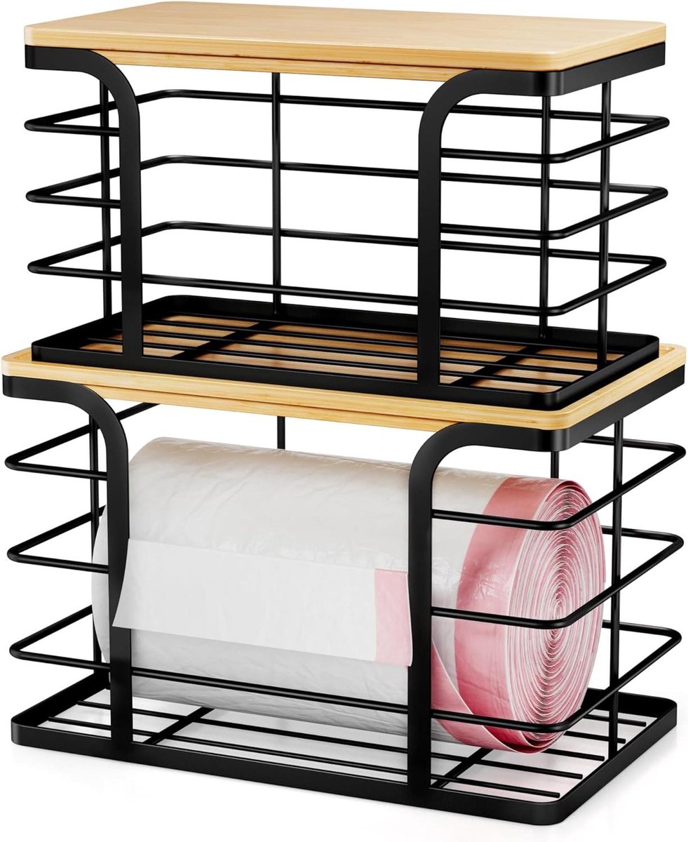Keuken Organizer Set - Afvalzakhouder - Keuken Opbergen - Stapelbaar Bamboe Top - Groot - Zwart