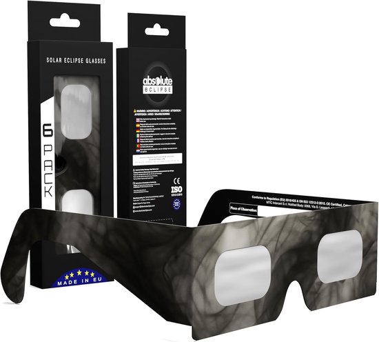 Pakket met 6 zonnebrillen, zwart met grijze rookprint, in doosjes met 'SOLAR ECLIPSE GLASSES' tekst.