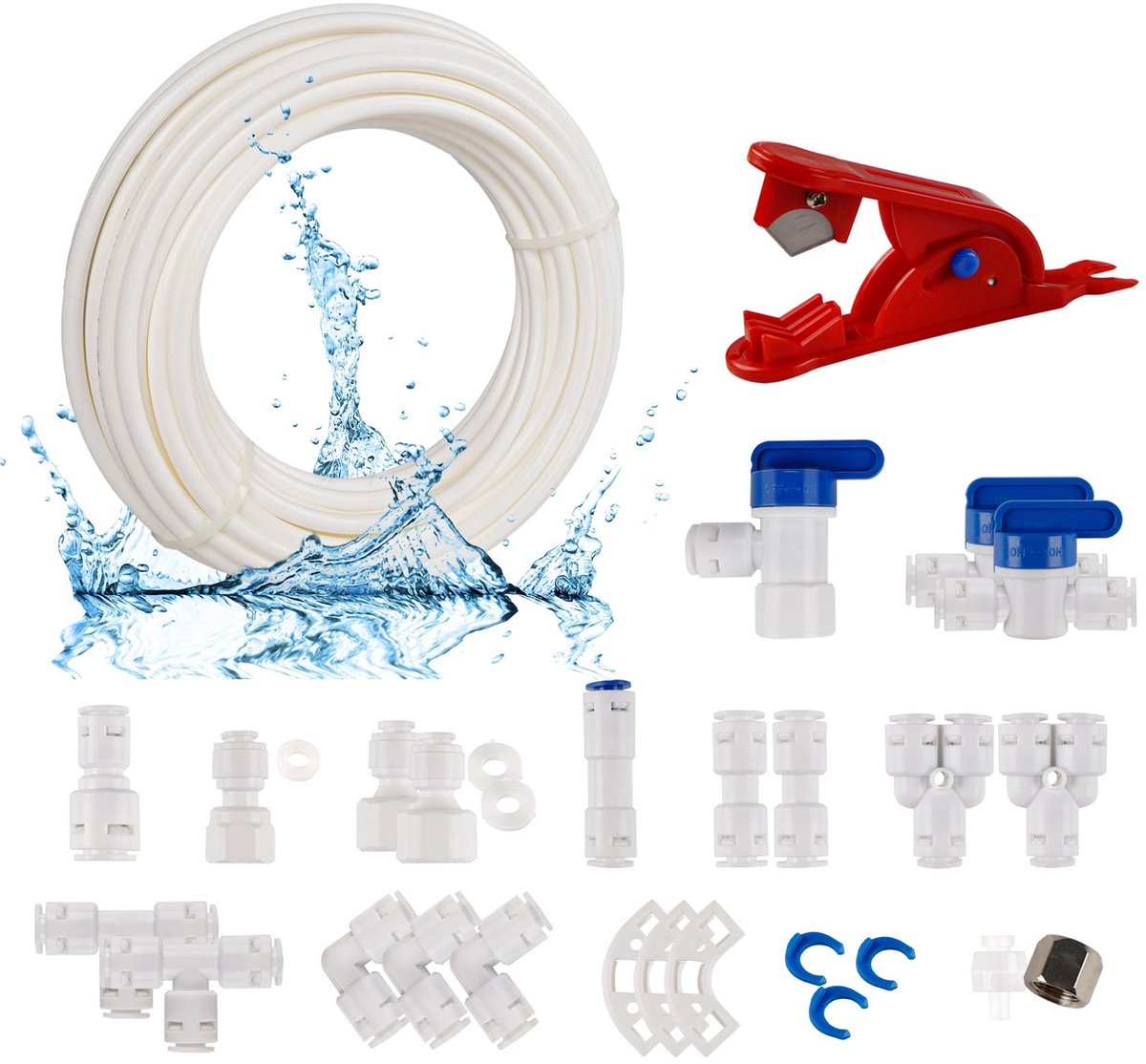 carmdering - Universele Wateraanvoerleiding - HDPE Slang - 1/4 Inch Leidingset - Push-In Aansluittechniek - Temperatuurbestendig Tot 45 Graden - Levensmiddelenveilig HDPE Materiaal - Ideaal Voor Zelfinstallatie Zonder Gereedschap - 22 Onderdelen Set