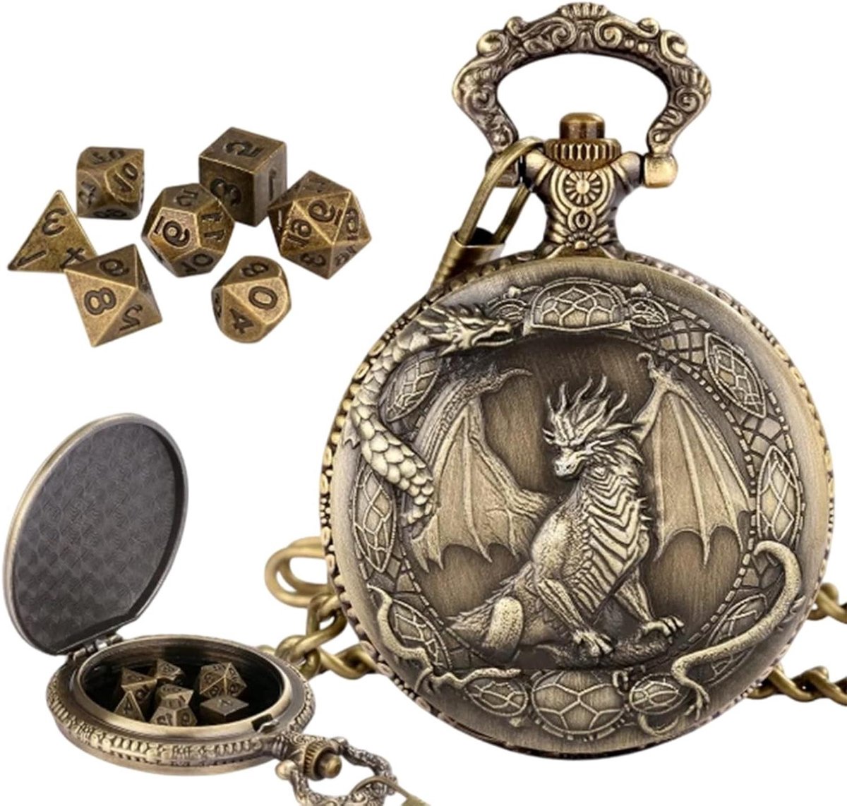 Dobbelstenen Set - Speel dobbelstenen - Rollenspellen Bordspellen - Met zakhorloge etui - 7 Delig - Brons