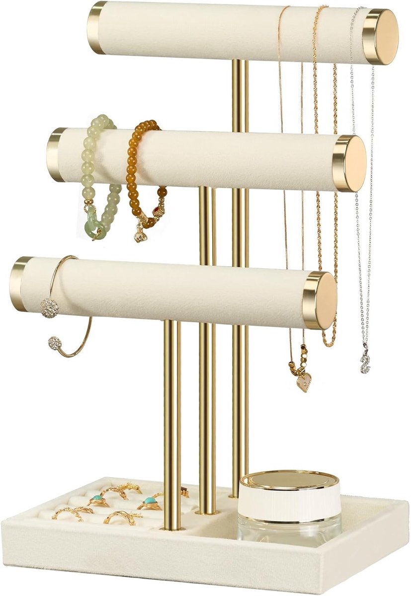 Drie-laags sieradenorganizer in beige - Verwijderbare T-vormige standaard voor armbanden, velours houder voor sieraden, perfect voor kettingen, horloges en ringen