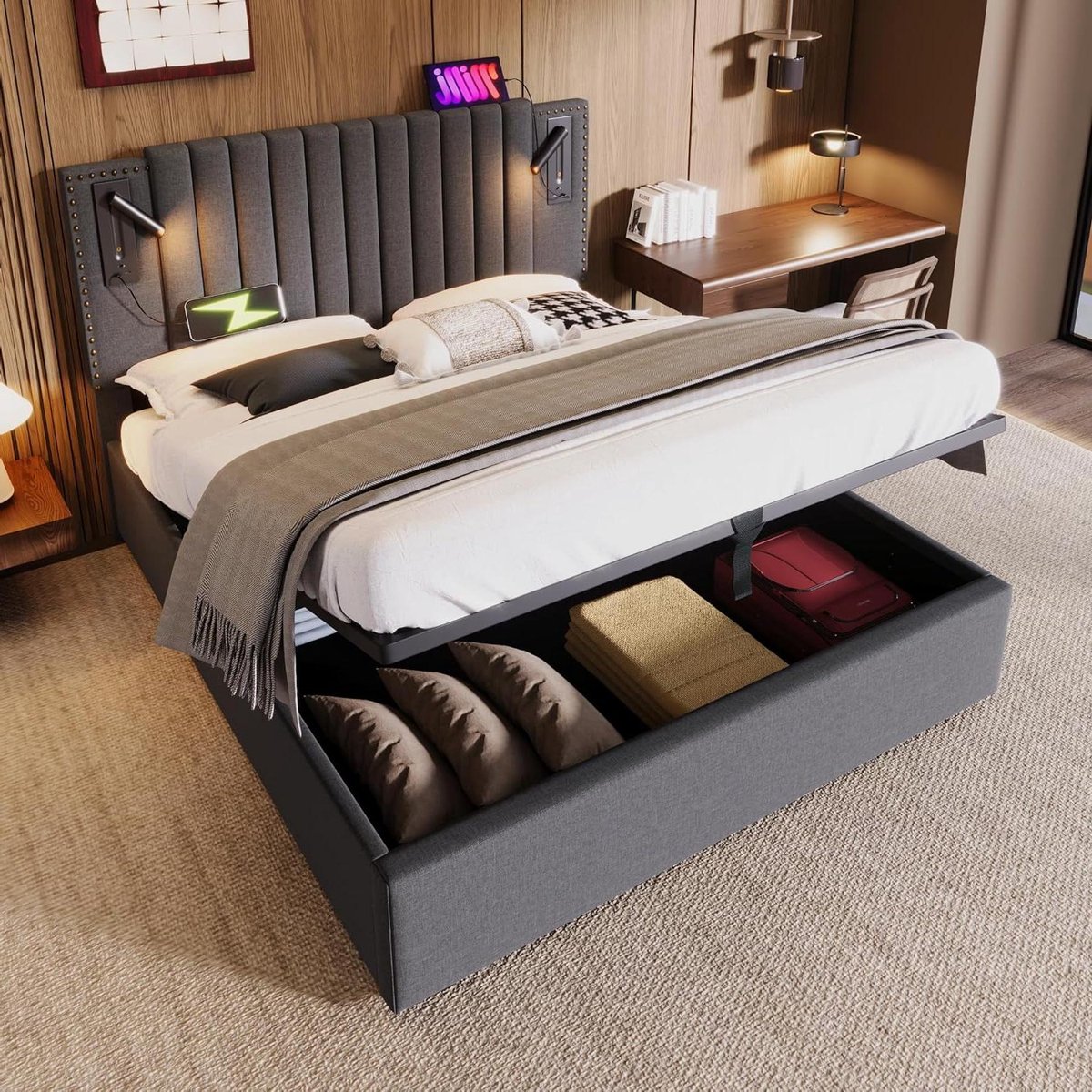 Gestoffeerd Tweepersoonsbed - Ladenkast Bed - Slaapkamer Organisatie - Geïntegreerde Leesl