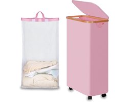 Vouwbare wasmand met wielen, 75L, roze slim ontwerp met deksel, bamboe handvatten en afneembare zak voor slaapkamer, badkamer en wasruimte