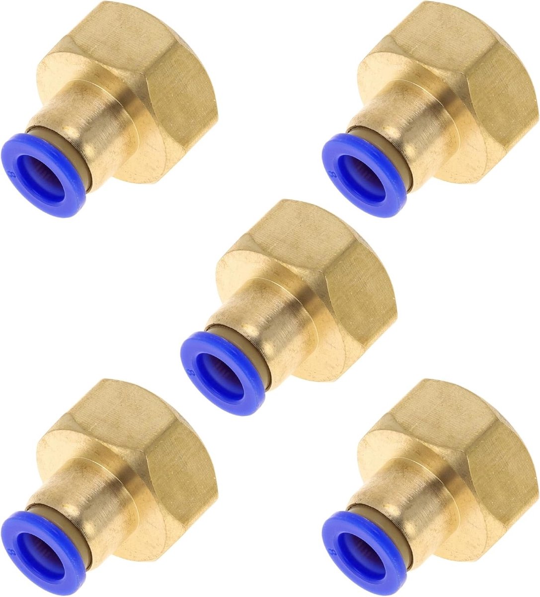 Luchtaansluitingen Push to Connect 5/16 inch binnendraad snelkoppeling voor luchtleidingen, kunststof en metaal, 1/2 inch BSPT, 5 stuks in blauw en goud tint, ideaal voor pneumatische systemen