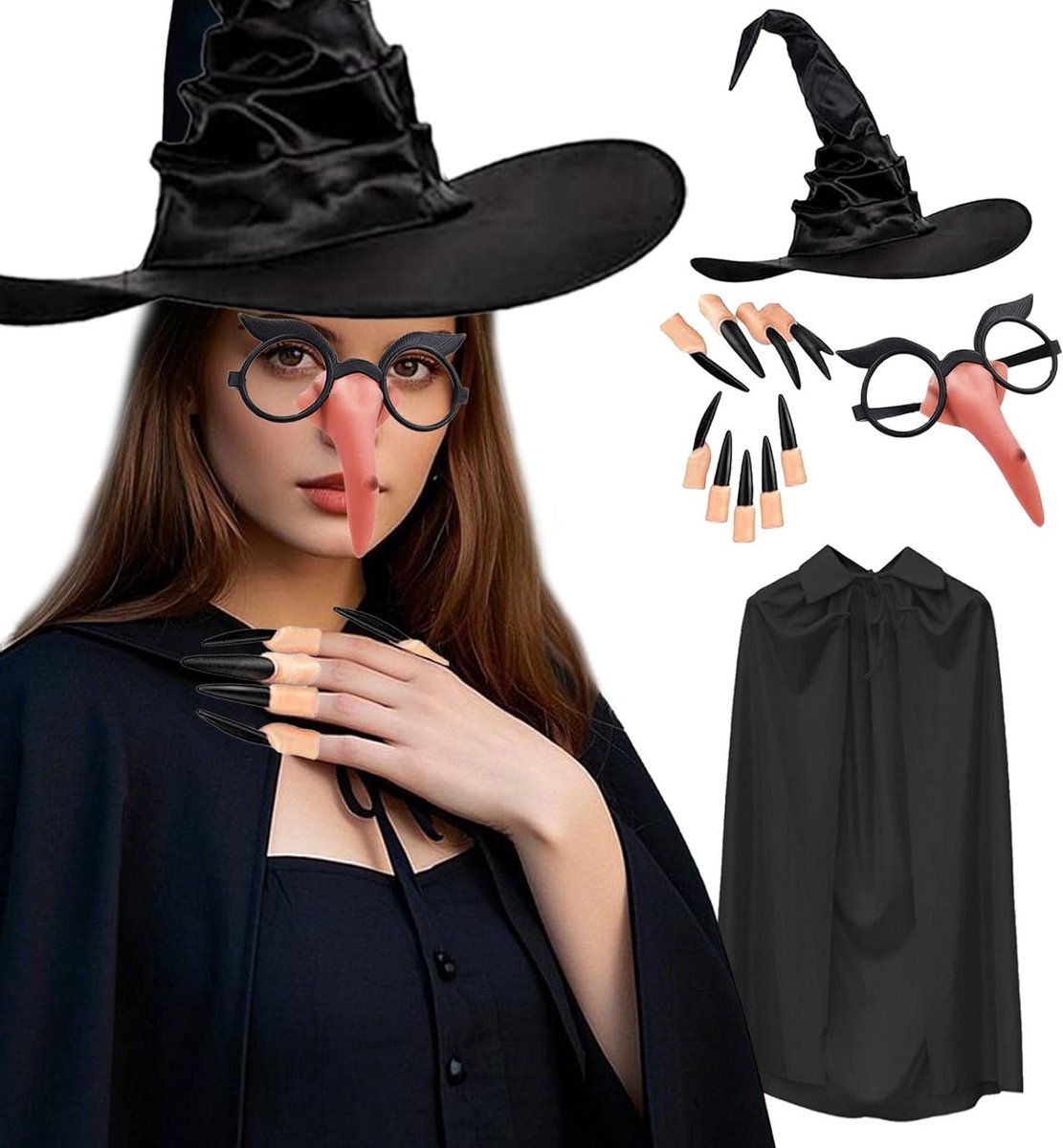 Halloween Kostuum voor Vrouwen met Cape, Hoed en Accessoires zoals Neus en Handschoenen, Perfect voor Cosplay en Feestjes