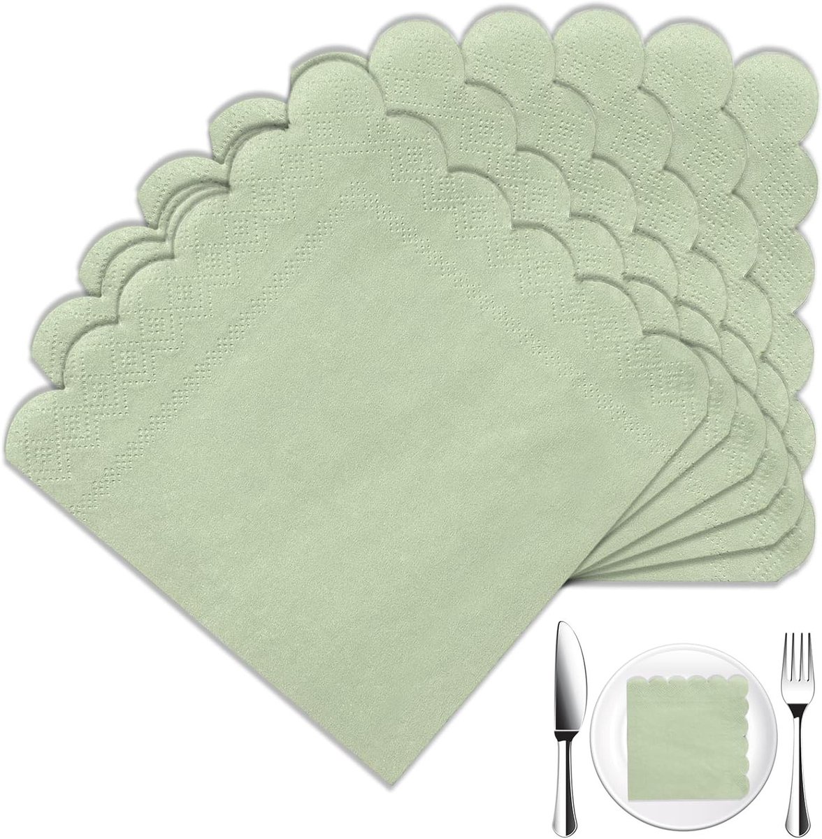 20 Saliegroene Papieren Servetten met Golfrand voor Bruiloft en Feest, 25x25 cm
