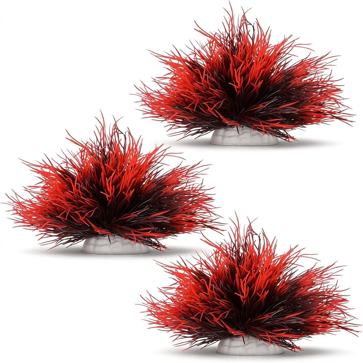 Set van 3 realistische kunststof aquariumplanten met verzwaarde basis voor aquascaping en betta-tanks, ideale aquariumdecoratie voor reptielenterraria (zwart en rood)