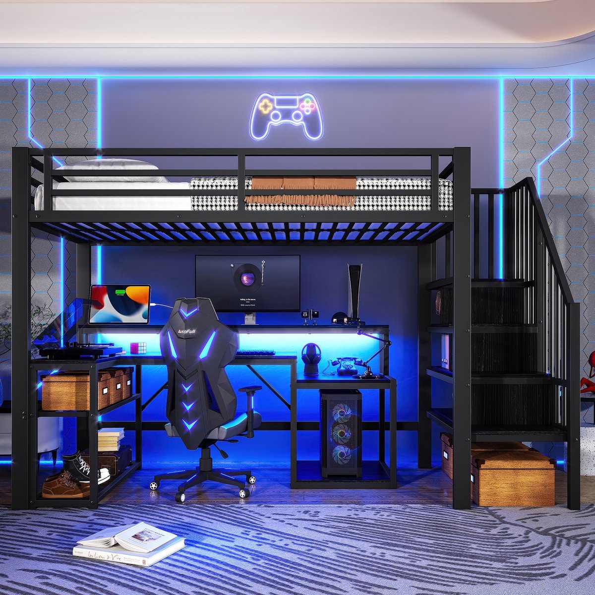 VVBV Hoogslaper 90x200 cm met Bureau en Trapkast - Zwart Metaal, LED & USB - Tienerbed & Kinderbed
