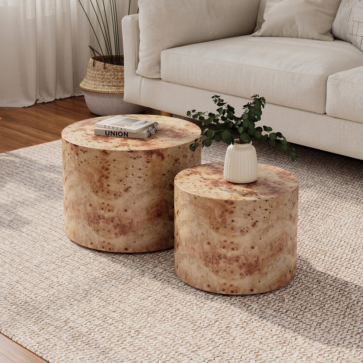 Salontafel Set van 2 – Bijzettafels / Nesttafels - Rond – 48x48x38 & 38x38x32 cm – Geschikt voor de woonkamer, slaapkamer en het balkon -Natuurlijke houtkleur