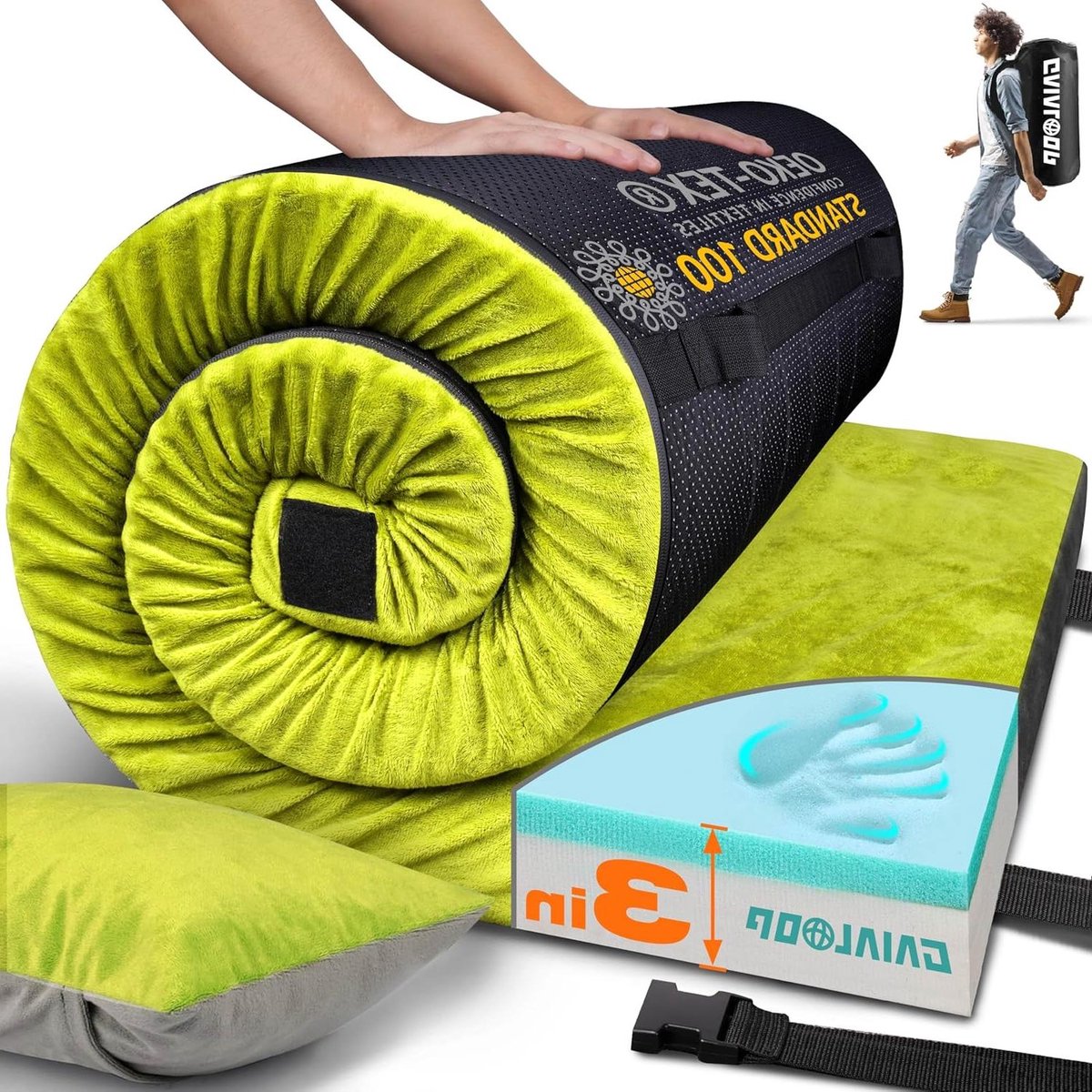 Traagschuim Slaapkussen - Kampeer Matras - Buiten Ontspannen - Waterdichte Hoes - 72x24x3 Inch - Avocado Groen