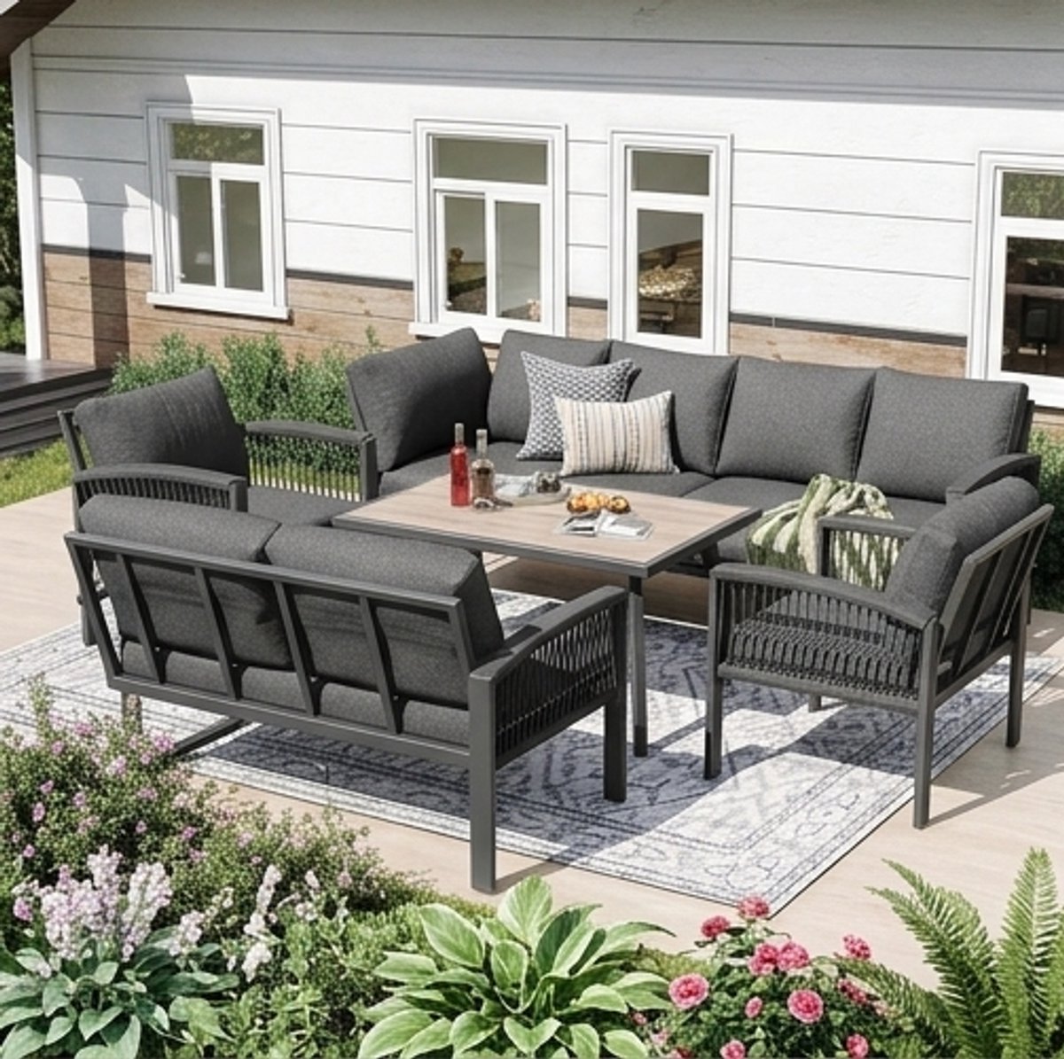 Premium Tuinloungeset 8 Personen – Luxe Aluminium & Touw Loungeset met Grote Tafel en Dikke Kussens – Moderne Weerbestendige Tuinset voor Terras, Veranda & Buitenruimte – Grijs IndustroHome