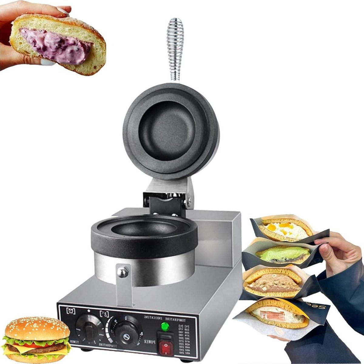 Wafelijzer Machine - Burger Maker - Snacks Maken - Dubbelzijdig Verwarmen - 1200W - Zilver