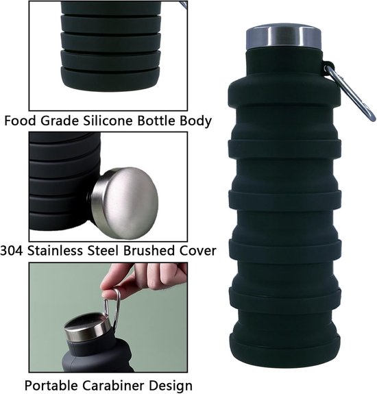 Opvouwbare Sportfles - Waterfles - Lekvrij - Lichtgewicht - Voor Outdoor, Reizen, Fitness - Zwart - 500 ml — afbeelding 5