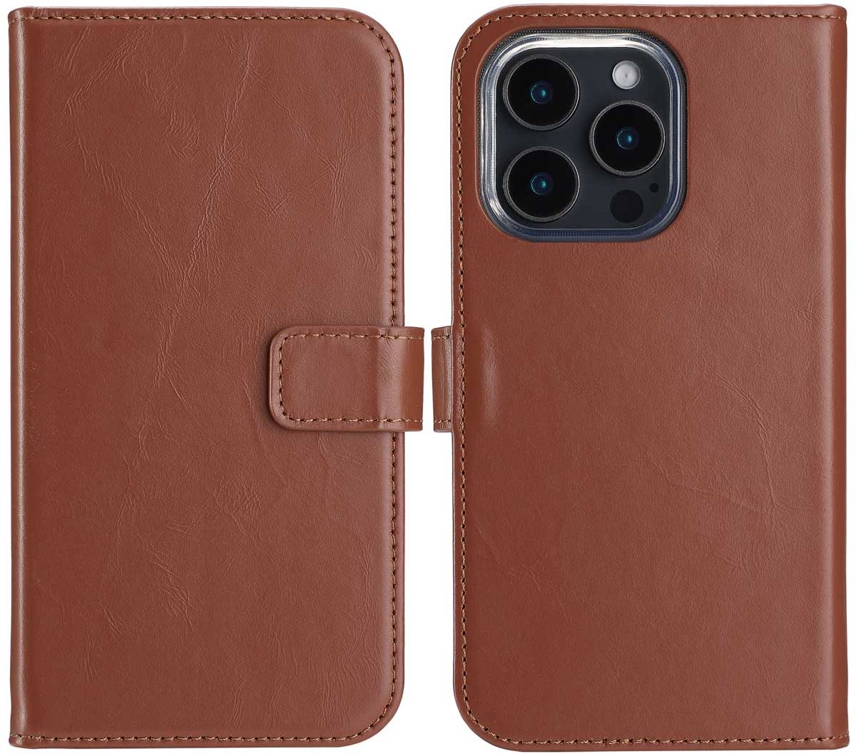 Selencia Hoesje - Geschikt voor Apple iPhone 16 Pro Max - Echt Lederen Bookcase - Lichtbruin