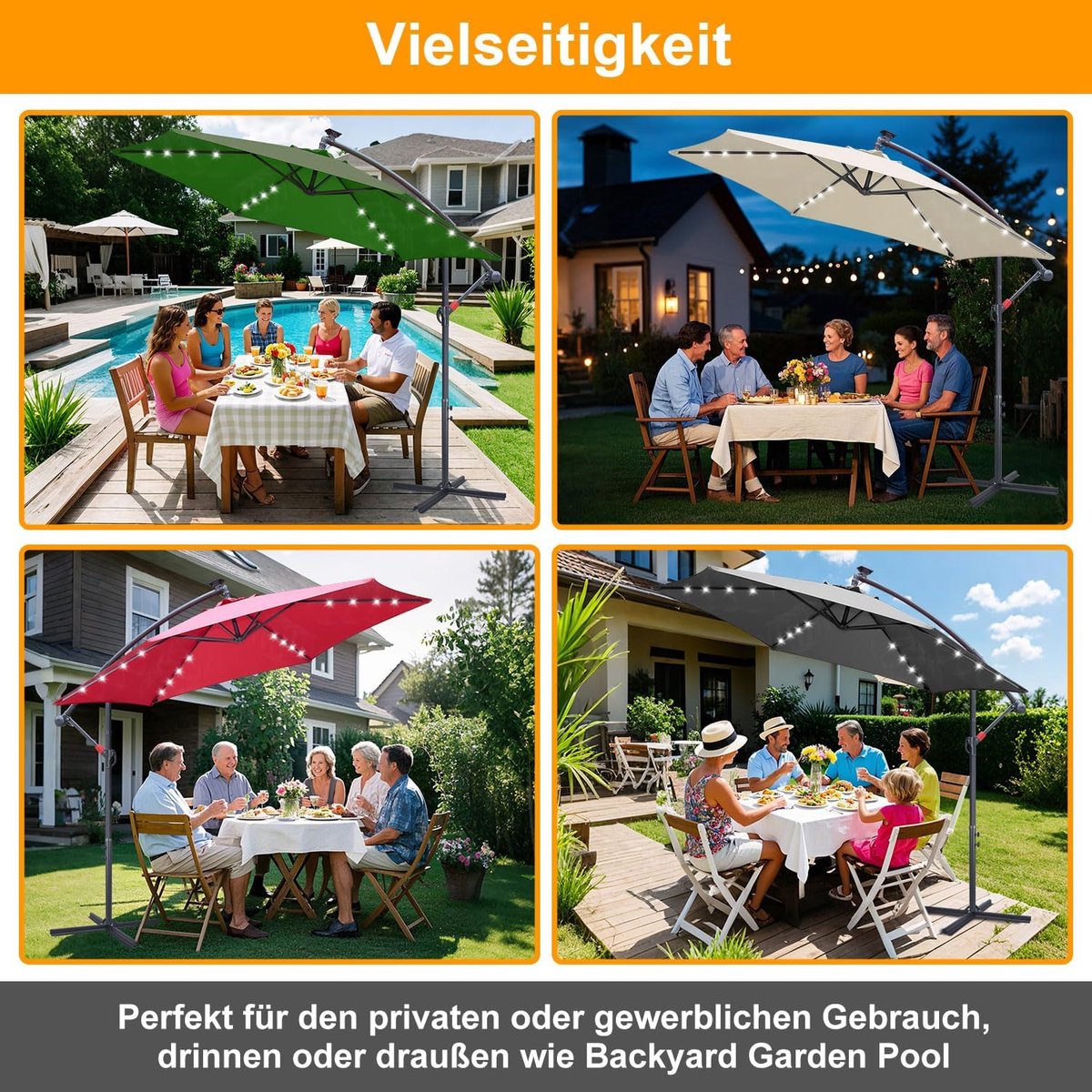 Zweefparasols - 350CM - Solar LED Verlichting 32x Wit - UV 50+ bescherming (blokkeert 98% UV) - Multi-angle Kantelbaar & Draaibaar - Windbestendig frame 8 Ribben - Incl. Kruisvoet - Waterafstotend doek Rood – foto 3
