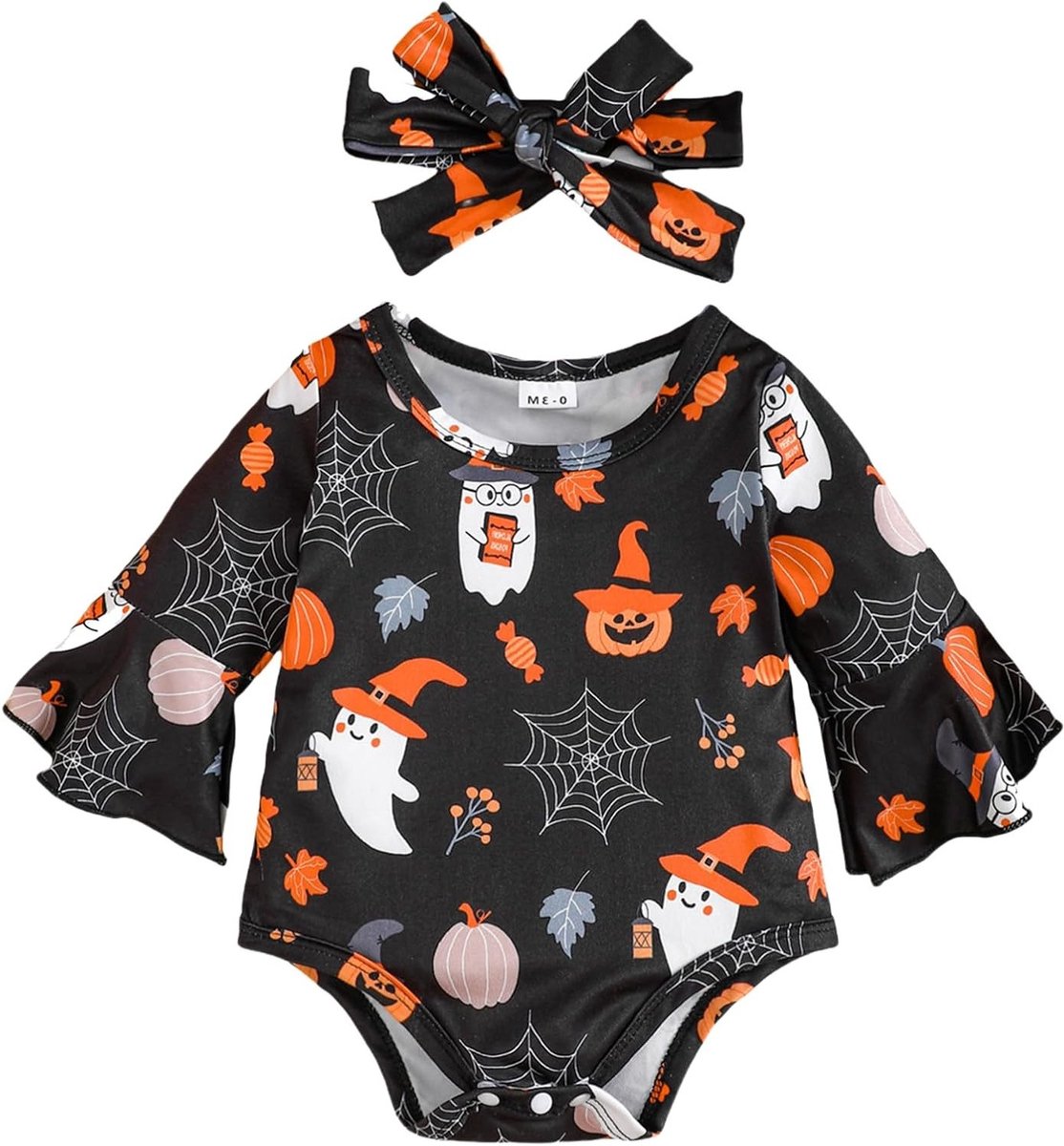 Schattige Halloween Kostuums voor Baby's van 0-18 Maanden met Bat en Pompoen Motief, Inclusief Romper en Hoofdband voor Feestjes
