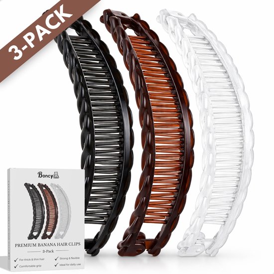 Trois pinces banane Boncy: noires, marron et transparentes, avec emballage.