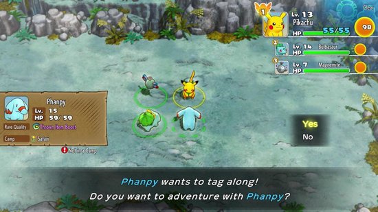 Pikachu en Bulbasaur staan met Phanpy in een wildernis. Phanpy wil meedoen aan het avontuur.