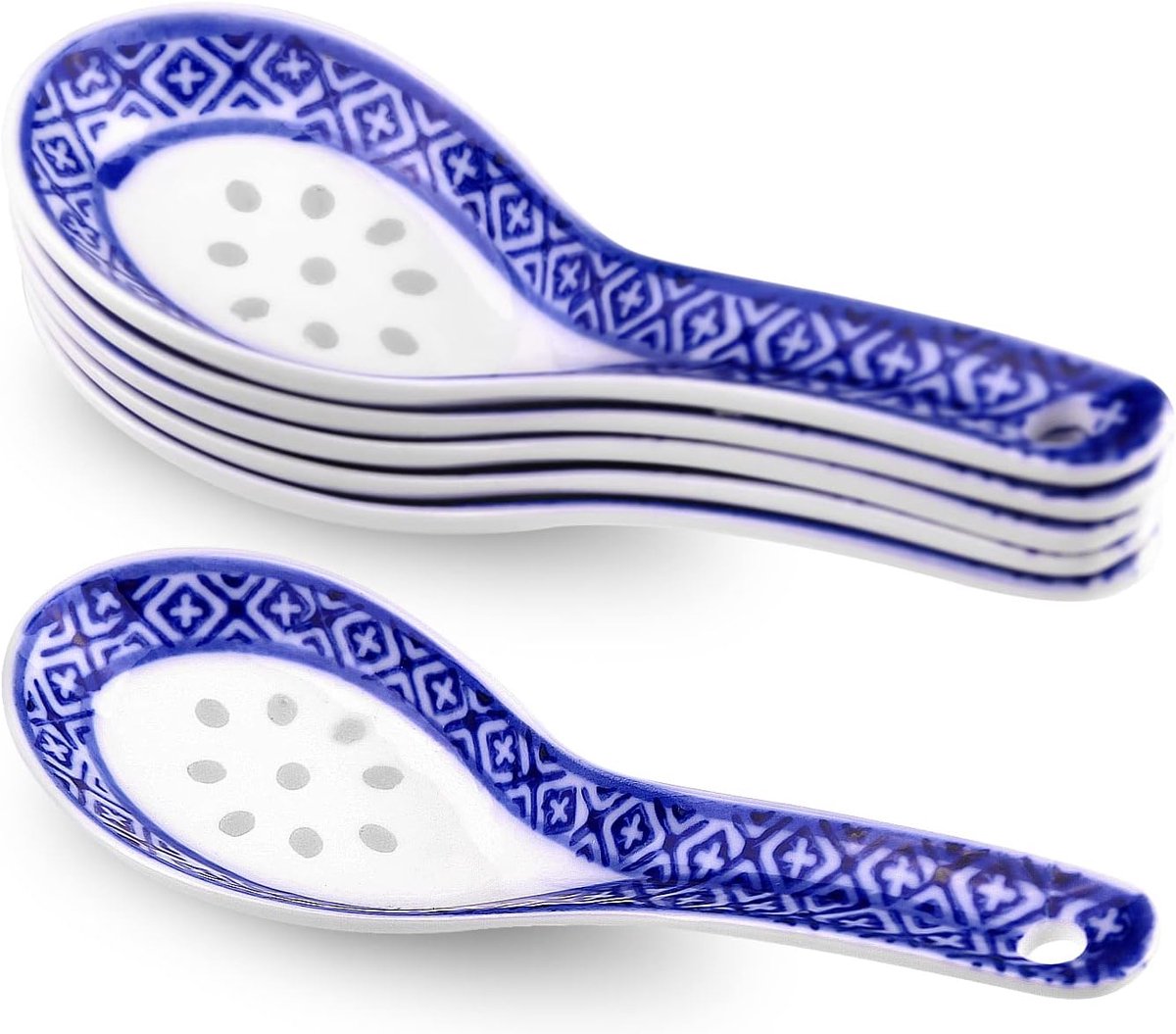 JeiibrZui Keramische Soeplepels - Blauw Wit - 6 Stuks - Voor Ramen En Dessert - Traditioneel Aardewerk