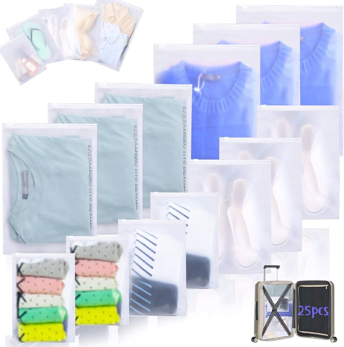 25 stuks frosted vacuümzakken, herbruikbare compressiezak, reizen, vacuümzak, kledingstofzuiger, voor kleding, dekbedden, beddengoed, kussens, pluche