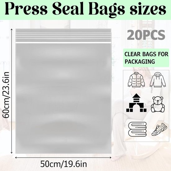 20 stuks 50 × 60 grote verzegelde zak opbergtas, grote hersluitbare doorzichtige plastic zakken, verdikking en duurzaam, opbergtas, geschikt voor katoenen kleding, katoenen broeken — afbeelding 4