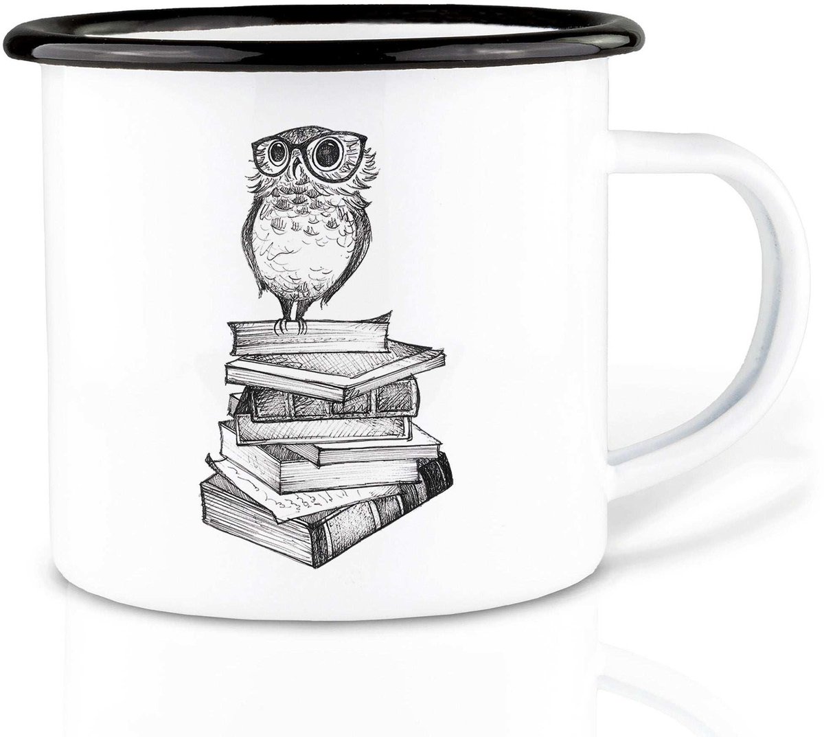 Handgemaakte emaille mok boekenuil 300ml