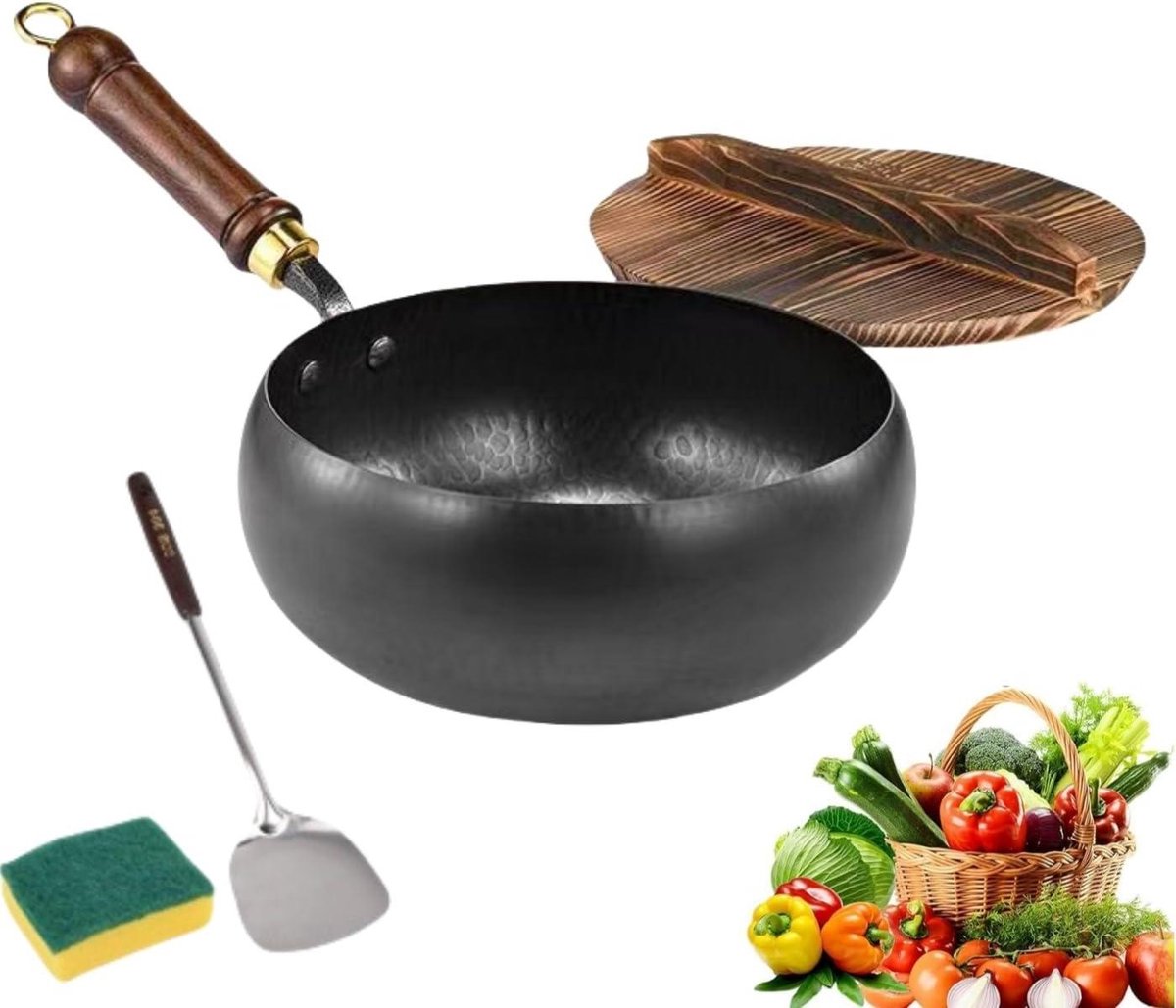 Koolstofstalen Wokpan - Antiaanbakpan Roerbakpan - Gezond Koken - Platte Bodem - 28 cm - Zwart
