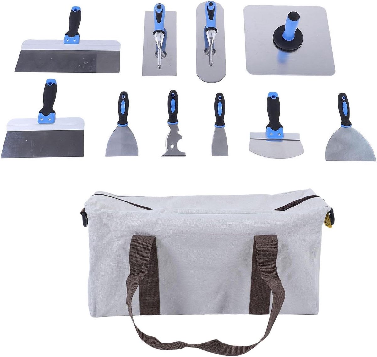 Betontroffelset 11-delig - Gereedschap Set Metselwerk - Beton Afwerken - Roestvrij Staal - 18 inch tas - Grijs