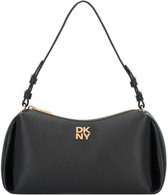 Zwarte DKNY schoudertas met goudkleurig logo en ritssluiting.