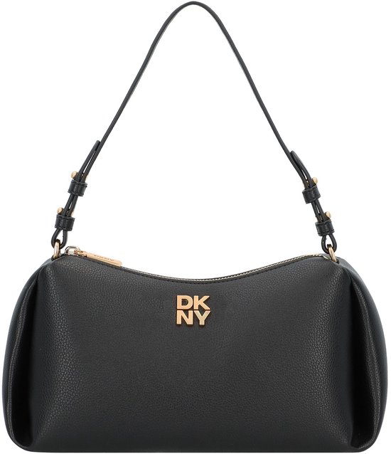 Zwarte DKNY schoudertas met goudkleurig logo en ritssluiting.