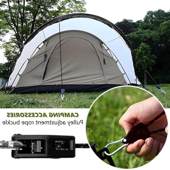 Reflective Tent Guy Ropes - 4pcs - 4mm Ratchet Ropes met Rope Tensioner - 4m Heavy Duty Verstelbare Reflectieve Tent Touw voor Camping - Hiking - Awning - Zwart — afbeelding 5