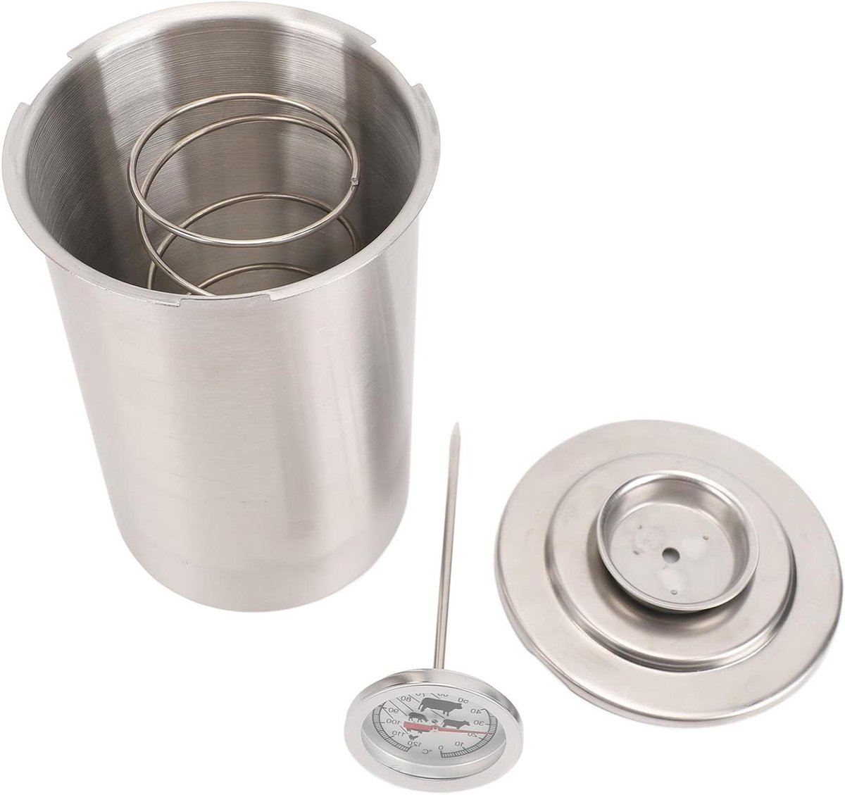 Vleesperskoker Roestvrij Staal - Gestoomde Emmer Vleespot - Mals Vlees Bereiden - Met Geïntegreerde Thermometer - 2.5 kg - Zilver