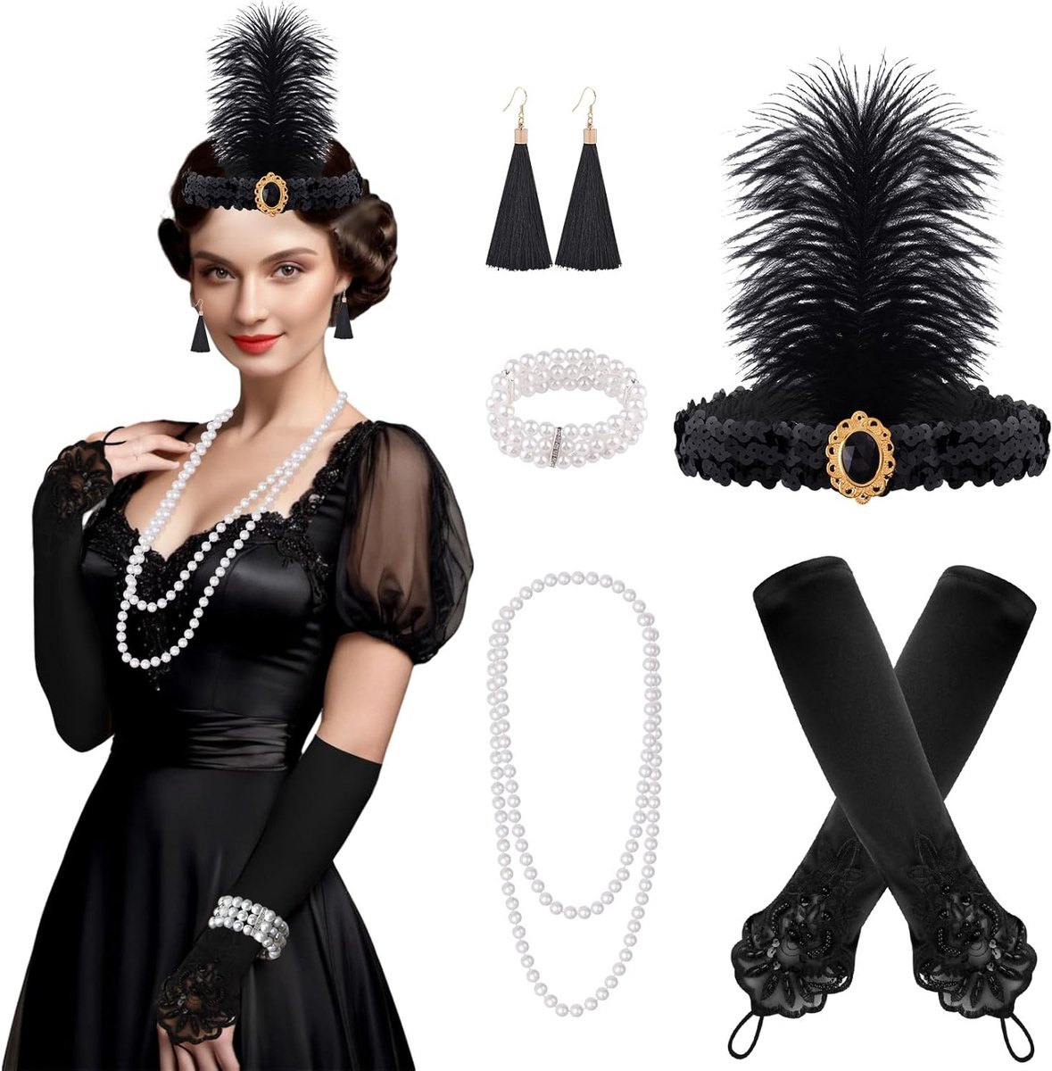 Elegante 1920s Great Gatsby Accessoires voor Vrouwen - Flapper Hoofdband, Lange Zwarte Handschoenen, Ketting en Oorbellen Set