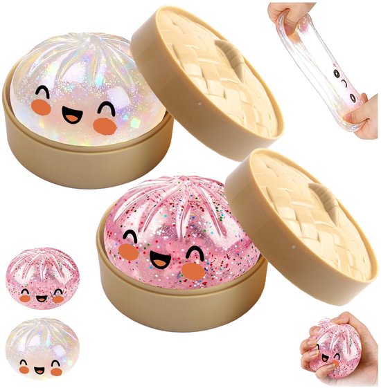 2 Stuks Glitter Dumpling Squishy - Squishys Dumplings Stress Fidget - Bao Broodje Squishy - Sensorische Stressbal Speelgoed Met Stomerij Doos - Mystery Dumpling Squishies Voor Kinderen & Volwassenen（Roze+Wit）