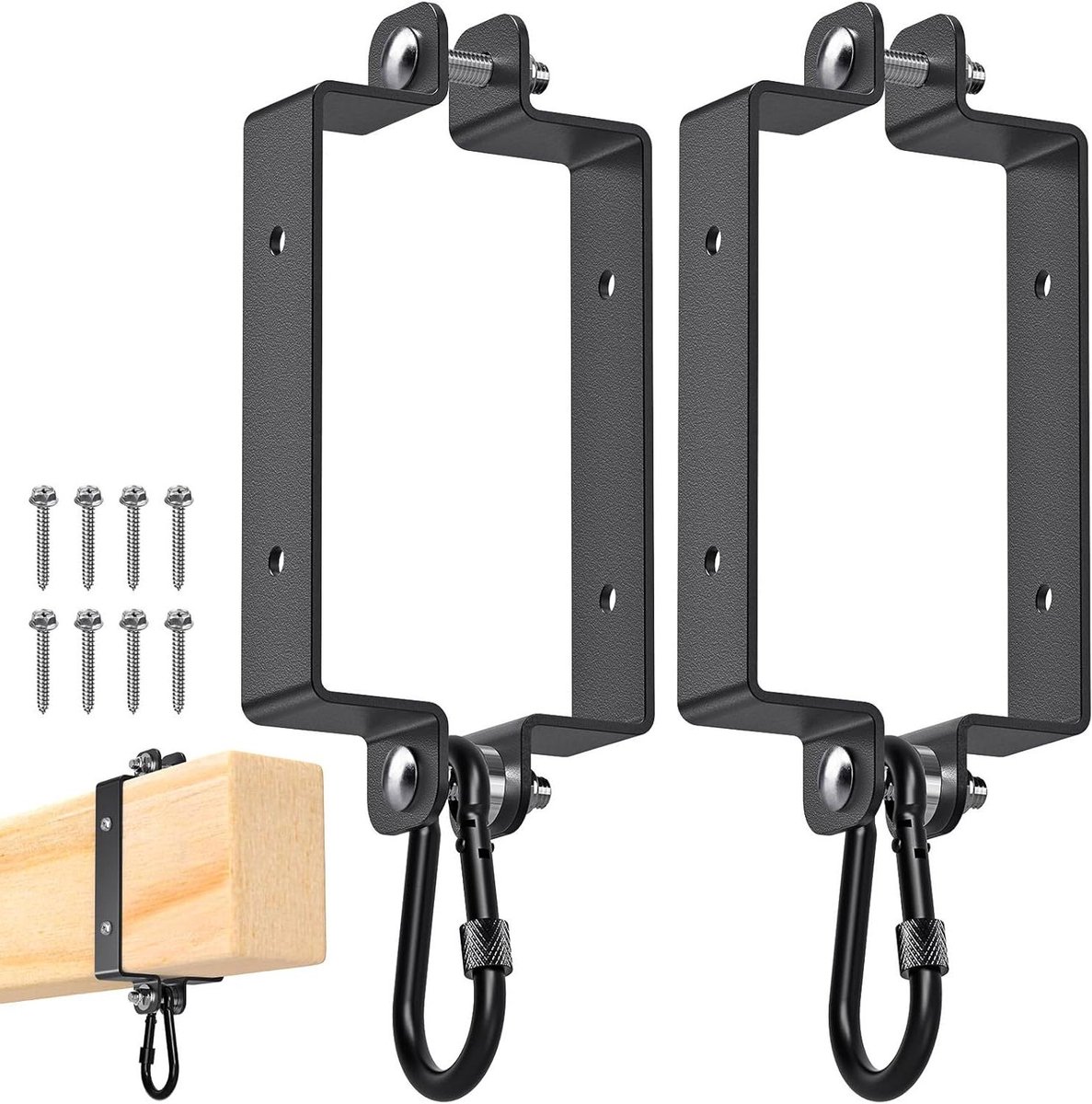 Schommel Ophanghaken - Hangbeugels Klem Set - Buiten Plezier - Met Karabijnhaak - 90 x 90 mm Hout - Zwart