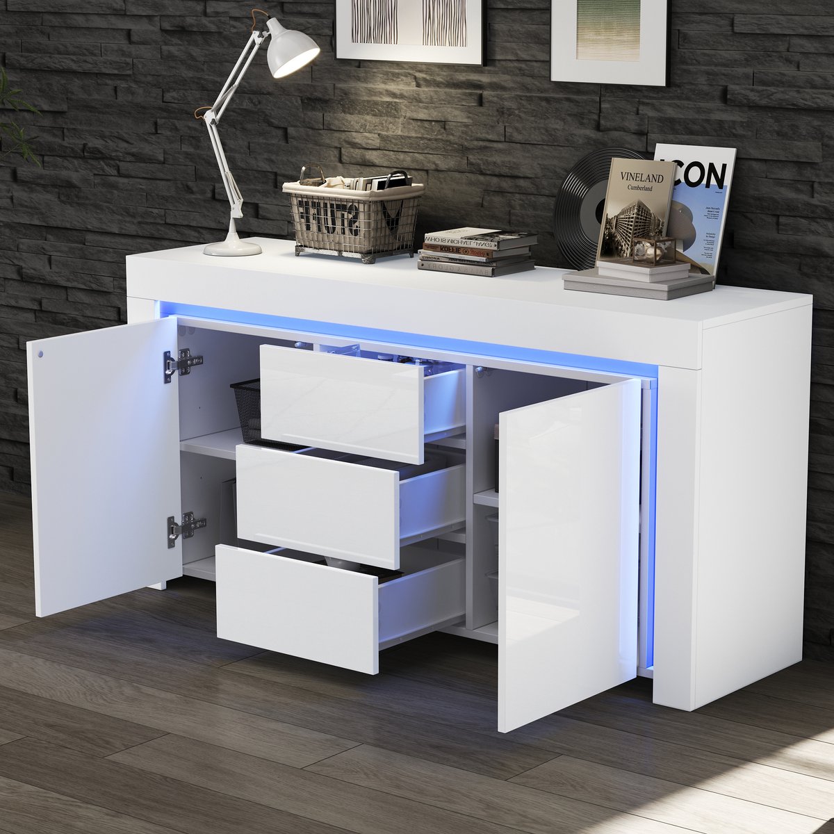 MODENUIT Dressoir - Met LED, 2 Deuren En 3 Lades - Voor Woonkamer En Hal - MDF Hoogglans Wit - 140x40x65 Cm