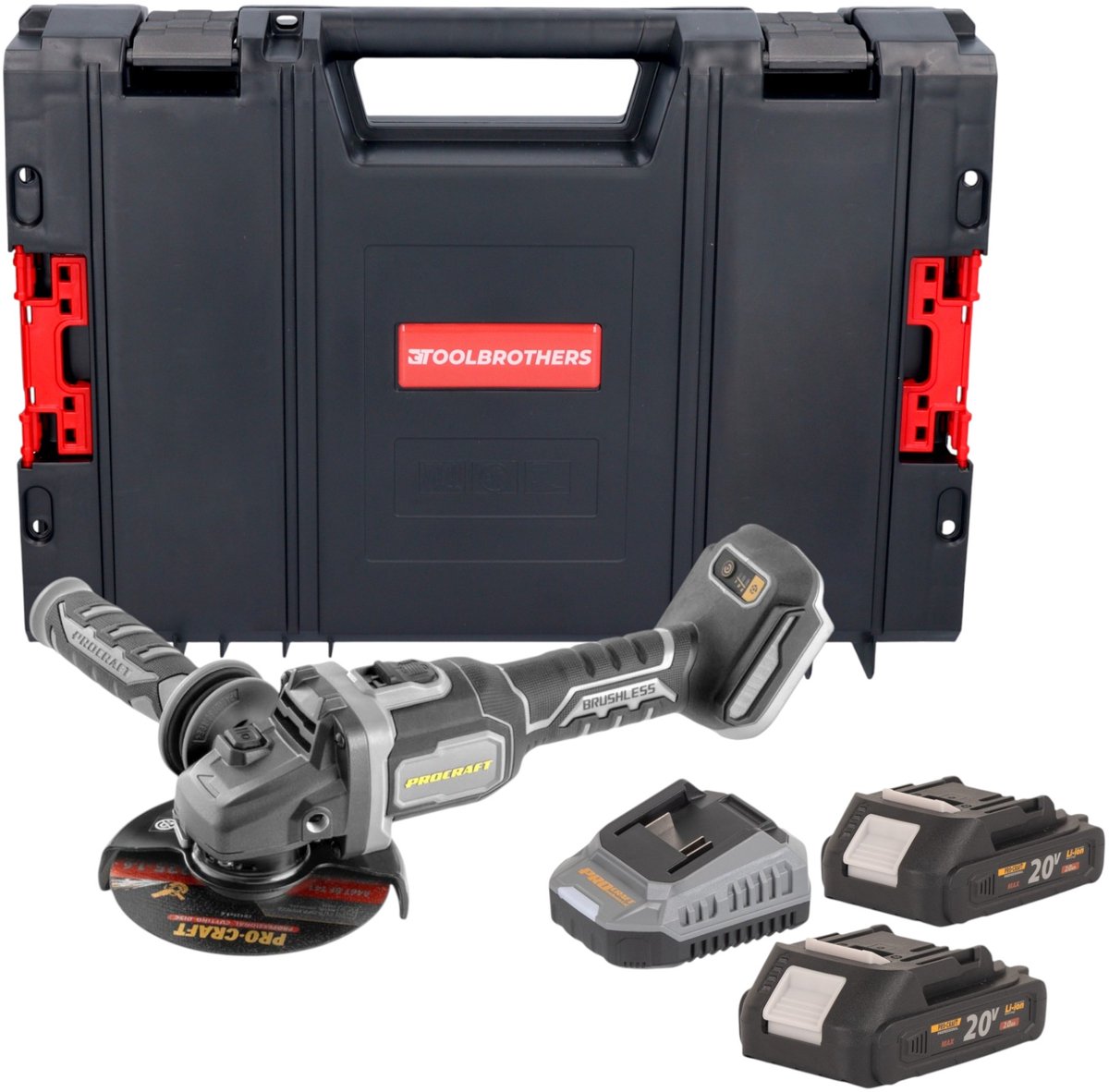 Procraft Industrial AG125Bbb accu haakse slijper 20 V 125 mm borstelloos + 2x accu 2,0 Ah + oplader + RHINO gereedschapskoffer