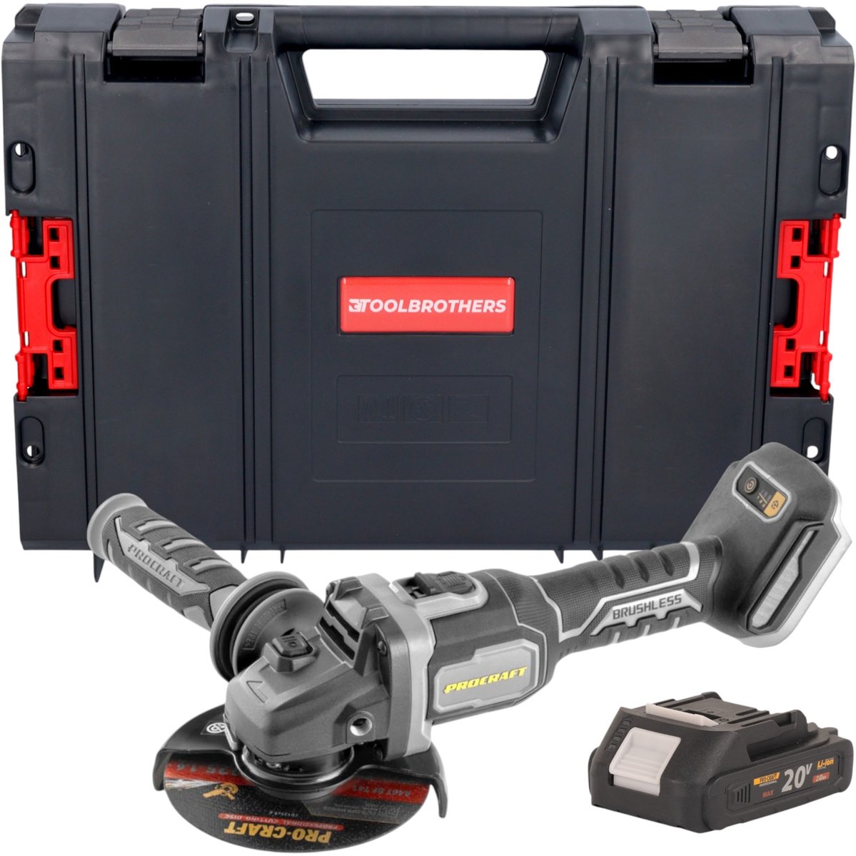 Procraft Industrial AG125Bbb accu haakse slijper 20 V 125 mm borstelloos + 1x accu 2,0 Ah + RHINO gereedschapskoffer - zonder oplader